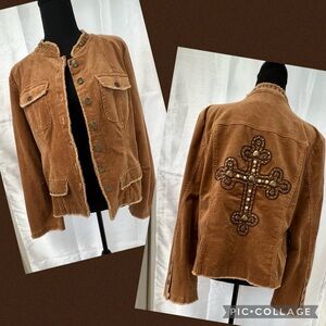 IVY JANE Caramel Corduroy Embellished Moto Jacket STUNNING CROSS DETAIL Sz XL